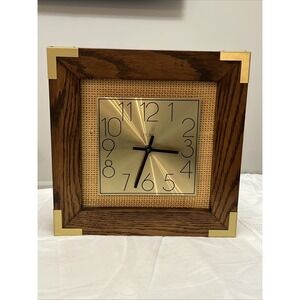 Vintage Linden Wall Clock Wood Brass Rattan Cane MCM Hollywood Regency 1970s